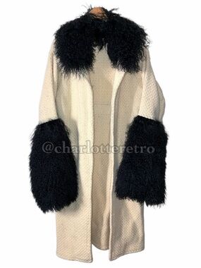 vtg Waffle-Tweed Knit Wool Blanket Coat w Mongolian Fur Trim